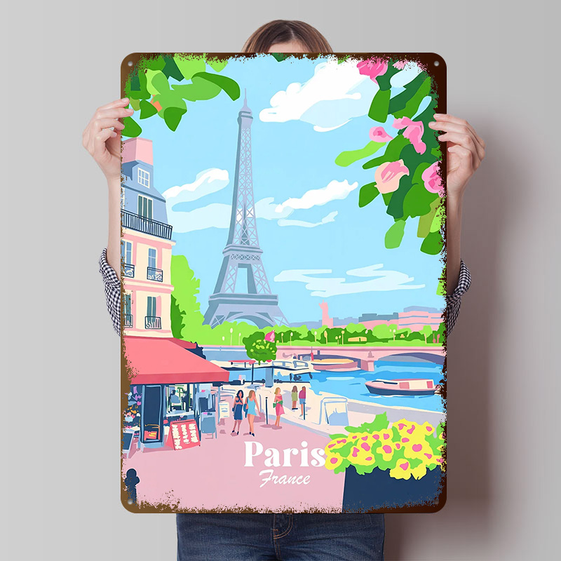 Retro Gaming France - ป้ายโลหะวินเทจแบบกำหนดเองลายปารีส ฝรั่งเศส สำหรับตกแต่งผนัง ตกแต่งโต๊ะทำงาน ตกแต่งห้องเกมมิ่ง ตกแต่งห้องแมนเคฟ